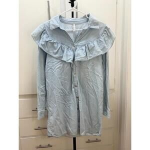 ZARA Light Wash Denim Ruffle Collar Shirt Dress Women’s L